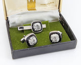1950s Cameo Cufflinks & Tie Clip Set by Elegante Men's Vintage Cufflinks, Tie Bar with Gladiator Designs in original box
