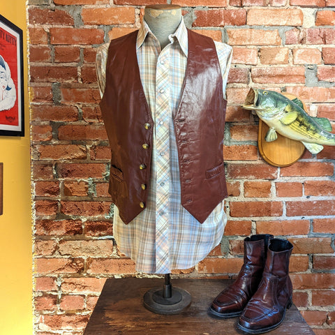 1970s Men's Leather Vest Vintage Oxblood Red Western Style Cowboy Vest by Berman's with Silver Mercury Dime Buttons - Size 36-38