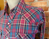 1980s Vintage Plaid Western Shirt Men's Cowboy Style Long Sleeve Pearl Snap Shirt by PFI Springfield, Missouri - Size LARGE