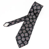 1980s Men's Black Tie Vintage 80s Men's Necktie with Woven Abstract Foulard Designs in Silver & Red by 615 Collection