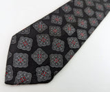 1980s Men's Black Tie Vintage 80s Men's Necktie with Woven Abstract Foulard Designs in Silver & Red by 615 Collection