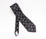 1980s Men's Black Tie Vintage 80s Men's Necktie with Woven Abstract Foulard Designs in Silver & Red by 615 Collection