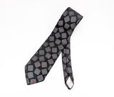 1980s Men's Black Tie Vintage 80s Men's Necktie with Woven Abstract Foulard Designs in Silver & Red by 615 Collection