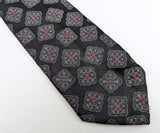 1980s Men's Black Tie Vintage 80s Men's Necktie with Woven Abstract Foulard Designs in Silver & Red by 615 Collection