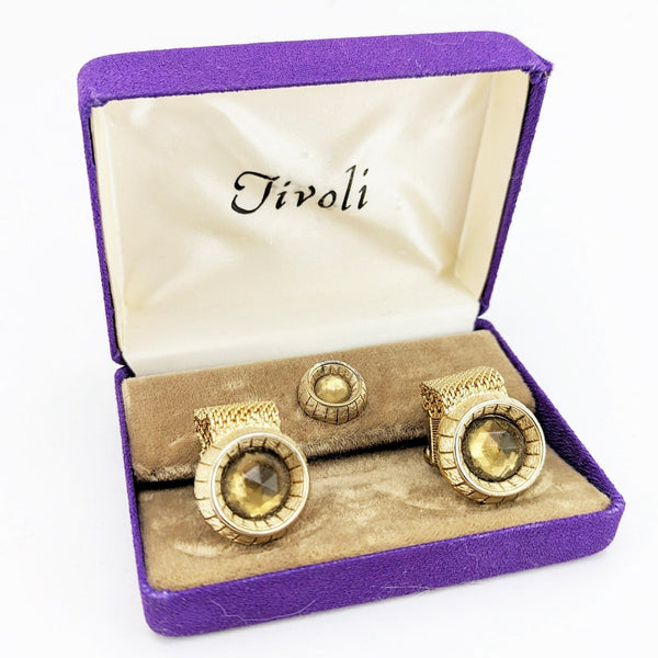 1960s SWANK Cufflink & Tie Pin Set Huge Modernist Mad Men Era Gold Tone Metal Wrap-a-round Cufflinks and Tie Tack Set with Brown Stones