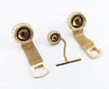 1960s SWANK Cufflink & Tie Pin Set Huge Modernist Mad Men Era Gold Tone Metal Wrap-a-round Cufflinks and Tie Tack Set with Brown Stones