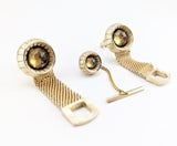 1960s SWANK Cufflink & Tie Pin Set Huge Modernist Mad Men Era Gold Tone Metal Wrap-a-round Cufflinks and Tie Tack Set with Brown Stones