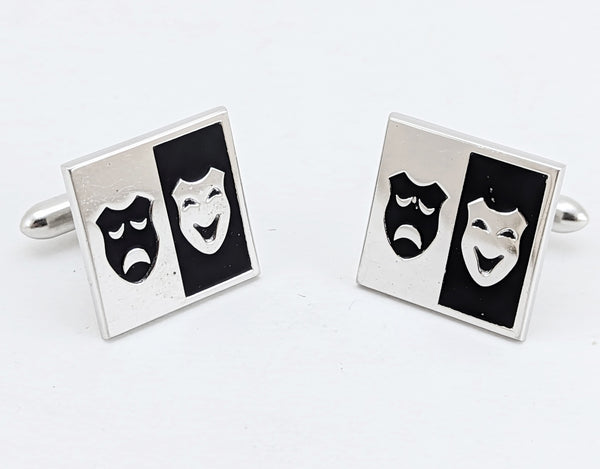 1960s Theatre Mask Cufflinks Mad Men Era Silver Tone Metal Cufflink Set with Comedy and Tragedy Masks by SWANK