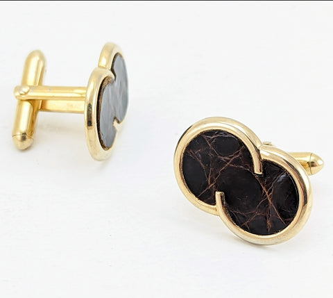 1960s SWANK Alligator Cufflinks Mid Century Modern Men's Vintage Gold Tone Cufflink Set with brown alligator leather inserts by SWANK