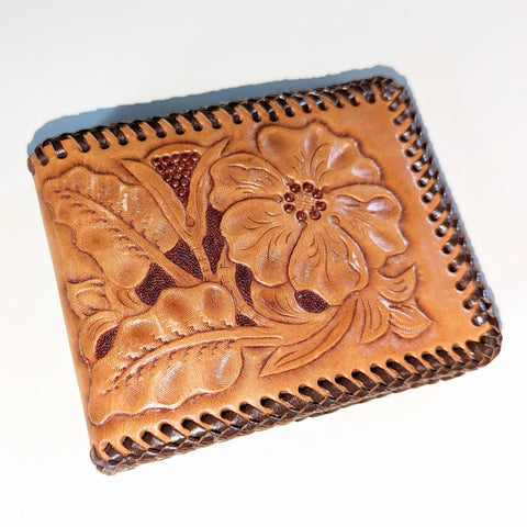 1970s-80s Men's Wallet Vintage Tooled Leather Wallet Hand Tooled Western Cowboy Style Wallet / Billfold with floral design