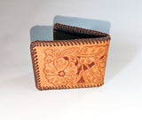1970s-80s Men's Wallet Vintage Tooled Leather Wallet Hand Tooled Western Cowboy Style Wallet / Billfold with floral design